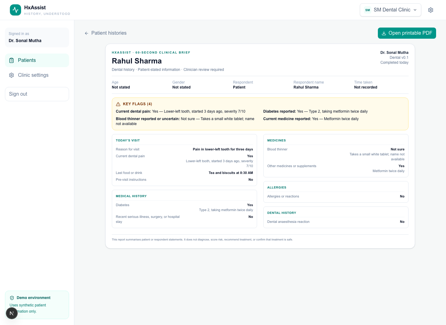 HxAssist clinician review showing a completed patient history with four flagged answers