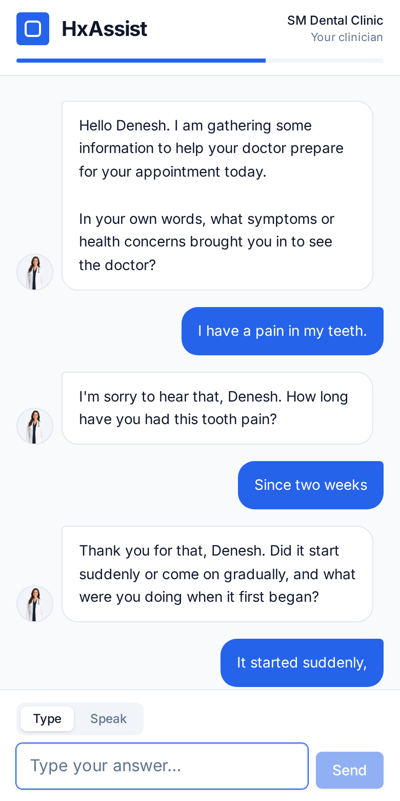 HxAssist patient screen showing a guided history conversation in English