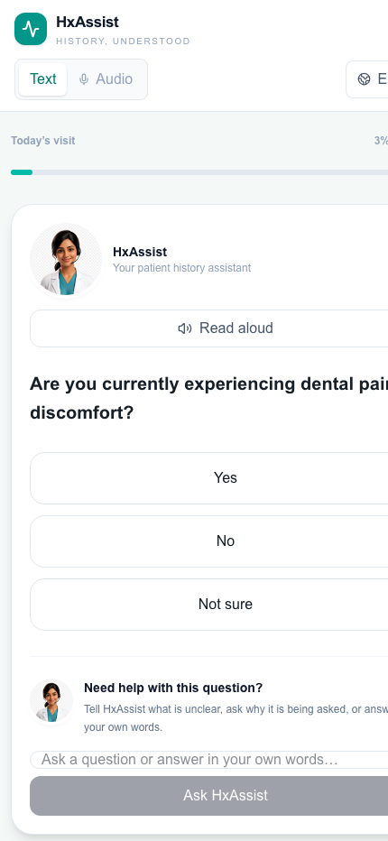 Patient answers screen in HxAssist